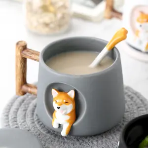 1Pcs New 420mL Cute Cartoon Animal Shiba Inu Ceramic Mug Creative Men And Women Couple With Lid Spoon Drinking Water Coffee Cup