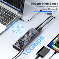 Hub USB alimenté 10 ports 10 Gbit/s USB 3.2 Gen2 avec interrupteurs individuels, adaptateur secteur 48W, station d'accueil en aluminium – En stock