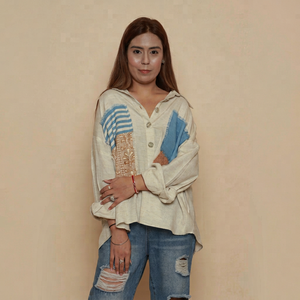Women’s Designer Bohemian Linen <b>Patchwork</b> Button Down <b>Shirt</b>, Long Sleeve Loose Fit Drop Shoulder Spliced Design Casual Top - Product Image 1