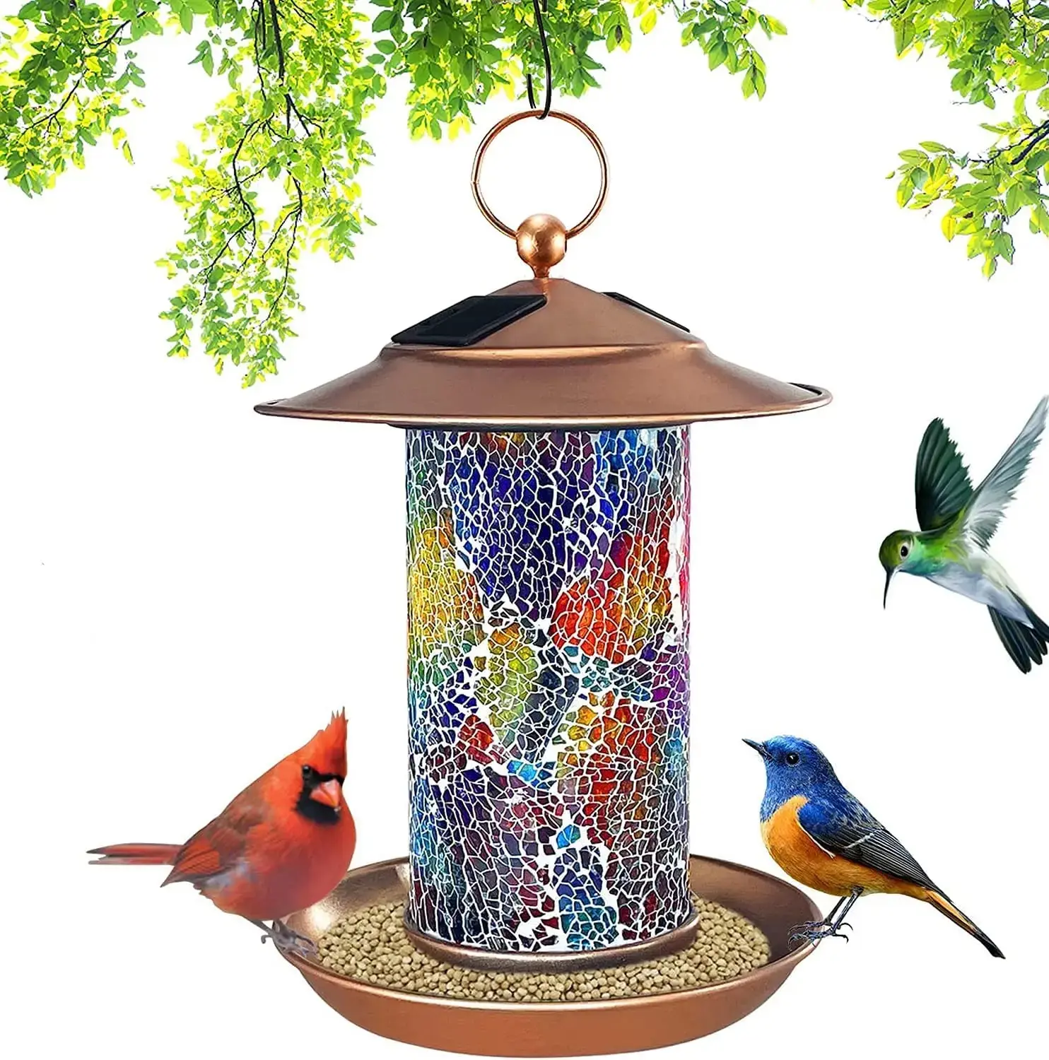 New Bird Feeder Outdoor Automatic Solar Light Power Mosaic Glass Tube mangiatoia per uccelli selvatici con vassoio per alimenti per appendere il giardino all'aperto