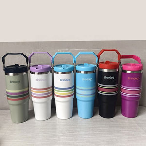 Vente en gros usine, Gobelet isotherme en acier inoxydable avec couvercle à paille rabattable, design de marque, pour voyage, camping et voiture, avec poignée - Product Image 1