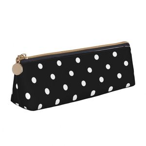 Polka Dot Black and White Fabric Pencil Case, Simple Zipper Pen Makeup Cosmetic Holder Pouch for <b>School</b> Office and Travel - Product Image 1