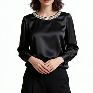 Women's Pearl Beaded Neck Satin Blouse - Long Sleeve Crew Neck Casual <b>Top</b> Shirt Fashion - Product Image 2
