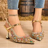 Escarpins slingback Xuanhui élégants et modernes à bout pointu, ornés de perles ethniques et de paillettes argentées, talon métallique unique de 8,5 cm pour femme