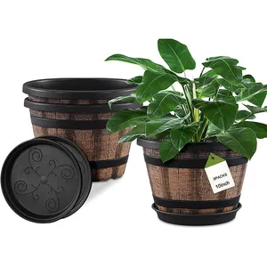 Plant Pots Whiskey Barrel Planters with Drainage Holes & Saucer.Plastic Decoration Flower Pots Wine Barrel Design