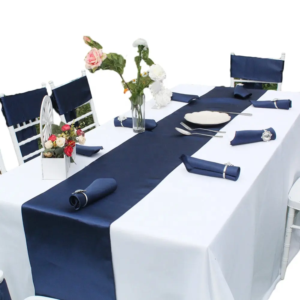 Chemin de table en satin bleu marine 12x108 pouces de long pour mariage