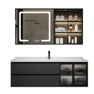 New solid wood smart bathroom cabinet hanging bathroom cabinet double door single <b>drawer</b> with LED light - Product Image 4