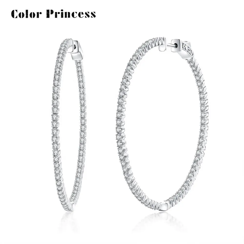 Jewelry Factory Solid Sterling Silver 925 Round White Cubic zirconia Large Inside out Hoop Earrings for Women