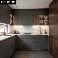Meubles de cuisine modulaires en L, modernes et minimalistes, avec panneaux sombres mélangés et éclairage LED, pour projets de villas, hôtels et appartements