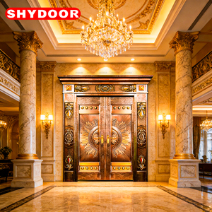 Porte de sécurité de luxe en cuivre avec cœur en acier inoxydable, double porte d'entrée principale pour villa, porte extérieure personnalisée en <span class=keywords><strong>acajou</strong></span> pour manoir - Product Image 2