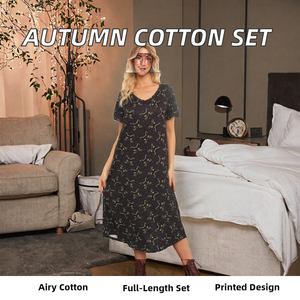 Nouvelle Robe de Nuit Femme Col V Manches Courtes Longue en Coton Respirant – Tenue Décontractée Automne pour la Maison et les Nuits - Product Image 2