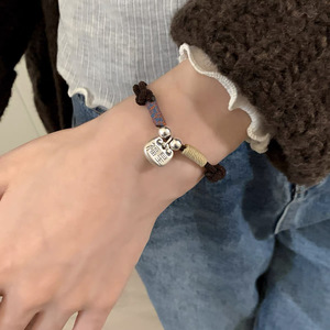 Retro Chinese Style Pure Silver Lucky Charm <b>Bracelet</b> Red Brown <b>Rope</b> Unisex Everyday Wear - Product Image 3