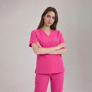 Set di Divise Mediche Personalizzate all'Ingrosso: Top Rosa a Maniche Corte con Scollo a V e Pantaloni Jogger, Etichetta Privata - Product Image 3
