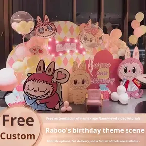 Décoration de fête d'<span class=keywords><strong>anniversaire</strong></span> pour enfants de un an, dessin animé Labbub, pour garçons et filles, panneau KT et ballons, fond de banquet pour cent jours - Product Image 3