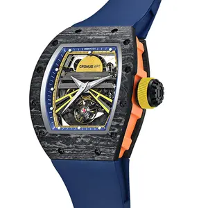 高級スケルトンメンズメカニカル5BAR防水アナログ時計サファイアクリスタル腕時計ラバーストラップバンド付き