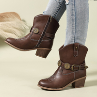 Bottines Western Brodées pour Femme à Bout Rond, Talon Carré, Fermeture Éclair Latérale avec Boucle Ornée Bronze pour Automne Hiver