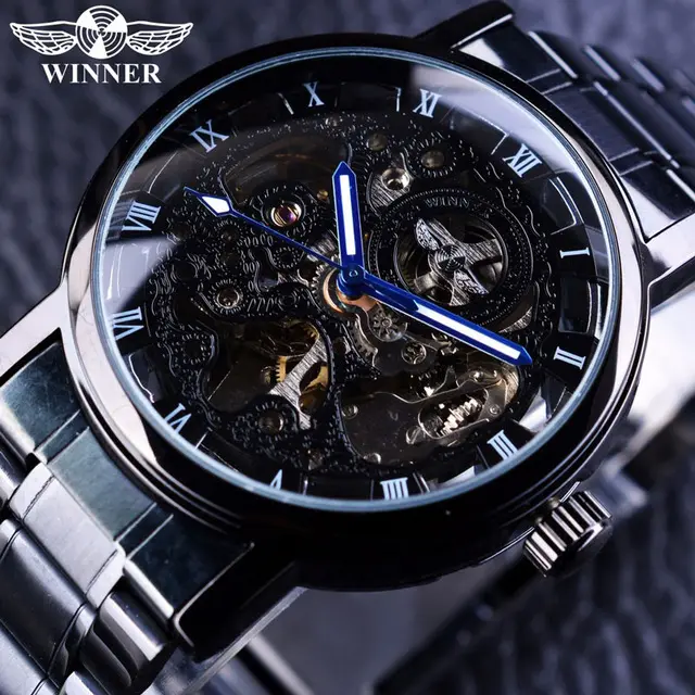 Winner Men Watches Transparent Steampunk Black Retro Casual Top New Luxury Full Steel Skeleton Mechanical Watch Montre Homme