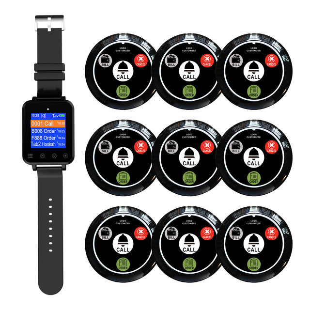 Artom Waiter Caller Buzzer Paging Calling System Smart Wireless Wrist Watch Pager Receiver with 9 Call Buttons