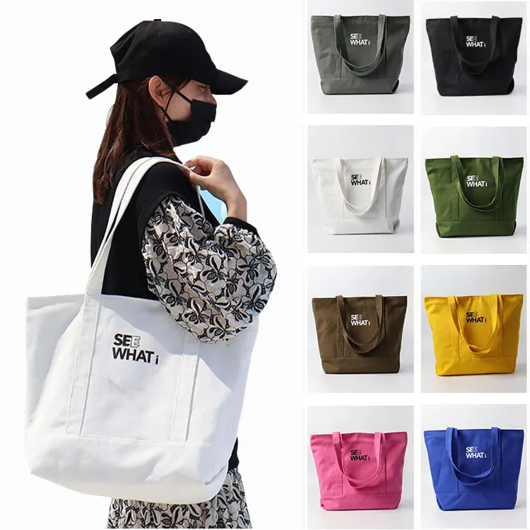Cotton Canvas Tote Bag Supplier Wholesale Blank Custom Printed Logo Plain White Black Canvas Bags Tote Shopping Bag With Zipper