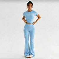 Ensemble été pour femme BR6918, haut à manches courtes et col rond, pantalon slim évasé contrastant tendance