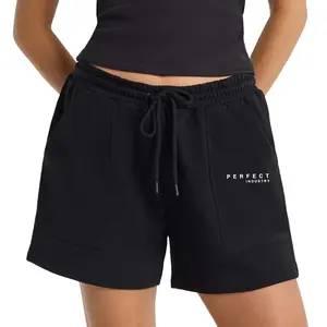 Short parfait de couleur noire 350gsm 100% coton Short en éponge française brodé en gros Short en coton pour femme avec logo personnalisé