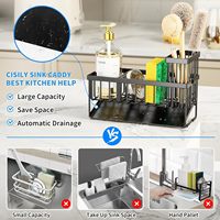 Organisateur d'évier de cuisine en métal noir Cedar Space avec compartiments divisés pour éponge, brosse et bouteilles de savon