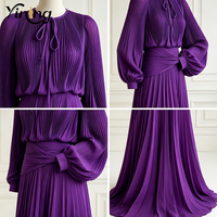 Gaun Pesta Wanita Model Lipit Lengan Panjang Model Lentera Kerah O Bahan Sifon Belahan Samping Musim Panas 2026 OEM ODM Fashion, Gaun Malam Panjang Elegan
