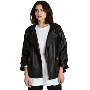 Chaqueta de cuero genuino negra para mujer, con cremallera, cuello vuelto, manga larga, abrigos de otoño, chaqueta de otoño de un solo botón - Product Image 1