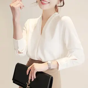 Blusa holgada de chifón para primavera y verano, camisa blanca con cuello en V, Color liso, estilo coreano