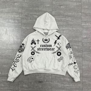 Sweat à capuche court personnalisé en molleton bouclette, imprimé DTG, effet vieilli, coupe ample et oversize, imprimé intégral, doublure gaufrée - Product Image 2