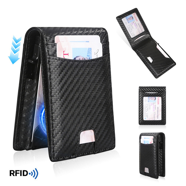 Men's Bifold Carbon Fibre Wallet RFID Thin Pu Leather Wallet Automatic Pop-up Aluminium Case Magnetic Card Holder