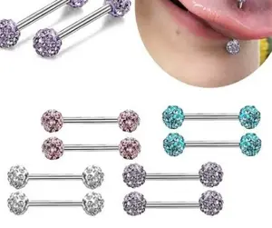 316L Stainless Steel Nipple Rings Barbell Crystal Ball Piercing Nipple CZ Tongue Rings 14G