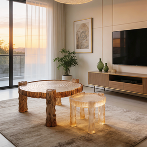 Ensemble de table basse moderne de luxe en résine transparente, table d'appoint ronde à grain de bois transparent pour salon, mobilier nordique - Product Image 2