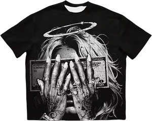 เสื้อยืดโอเวอร์ไซส์ผ้าฝ้ายแท้ 100% พิมพ์ลายกราฟิกภาพเหมือนขาวดำ ทรงบ็อกซี่ สไตล์สตรีทแวร์ลำลองสำหรับผู้ชาย - Product Image 1
