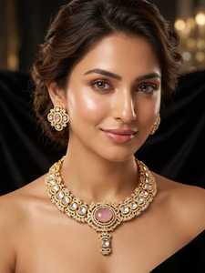 Hermoso Conjunto de Collar de Latón con Moissanita Polki y Brillantes Piedras Polki, Joyería Étnica India para Mujer, Perfecto para Bodas - Product Image 3