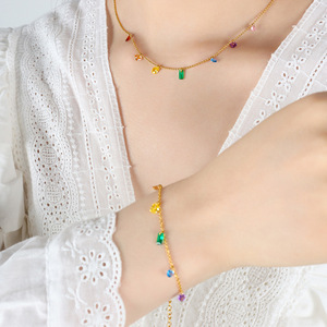 Fashion Midsummer Night Dream Rainbow Diamond zircone collana in oro 18 carati bracciale in acciaio inossidabile collana Set di gioielli - Product Image 5