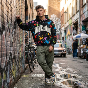 Sudadera con Capucha Negra Extra Grande para Hombre, Diseño Moderno con Estampado de Salpicaduras de Pintura Multicolor, Logotipo Personalizado WUYIClothing, Estilo Y2K, Ropa Urbana - Product Image 1
