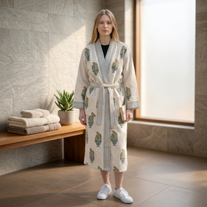 Women Floral Embroidered Waffle Robe Long Sleeve V-Neck Knee Length 100% Cotton Soft Casual Summer <b>Dressing</b> <b>Gown</b> BATH ROBE - Product Image 3