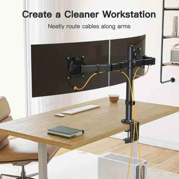 Steel Dual Monitor Stand for 15-27" Displays, 360° Swivel, Heavy Duty 10kg Capacity, VESA 75x75/100x100mm Desk Clamp Mount