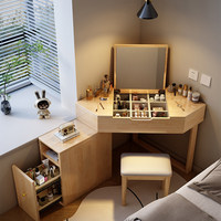 Table de maquillage triangulaire en bois massif avec bureau de rangement minimaliste, table de maquillage compacte intégrée pour les petites chambres