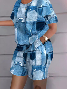 Ensemble décontracté d'été pour <span class=keywords><strong>femme</strong></span> : T-shirt court et <span class=keywords><strong>short</strong></span> assorti en polyester, anti-boulochage - Product Image 5