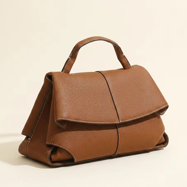 Luxury Architectural Top Grain Leather Handbags Minimalist Trapezoid Satchel Handstitched Shoulder Crossbody Bag for Women