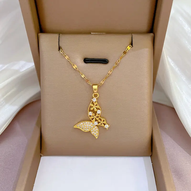 70 Design Bling diamant zircone coeur croix pendentif collier véritable 18k plaqué or en acier inoxydable CZ cristal papillon collier