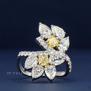 Bague en or blanc 14 carats avec diamant, pour femme, haut de gamme, pierre précieuse jaune au centre, large bande avec diamants d'appoint, bijoux fins pour mariage et fiançailles - Product Image 1