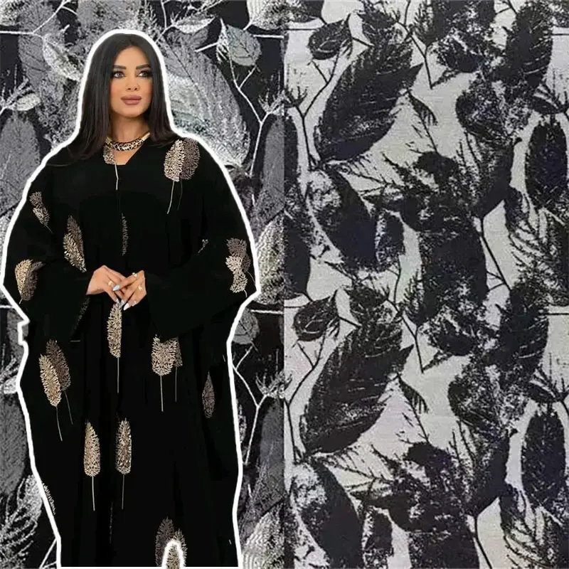 OEM ODM, tissu abaya noir et blanc à motif de brocart, fleur d'arbre, fleur et plante, tissu jacquard brocart double face de luxe pour vêtements