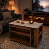 Mesa de Centro de Madeira Maciça com Tampo Elevatório, Tampo com Efeito de Pedra em Buxo, Gaveta de Armazenamento Oculta, Rodízios, Moderna, Fornecedor Atacadista