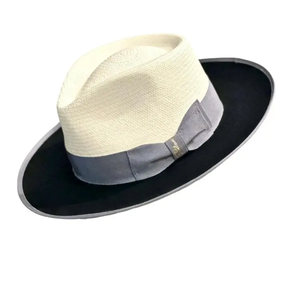 Unisex White Panama Hat With Gray Ribbon Band <b>Straw</b> <b>Fedora</b> Beach Summer Accessory - Product Image 2