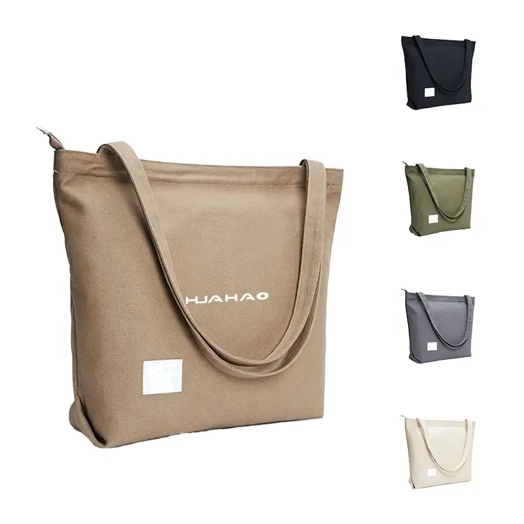 huahao wholesale cheap customized fashion handle large plain body fabric cotton canvas tote shopping bag with zipper