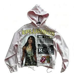 Veste zippée rose personnalisée pour homme, motif <span class=keywords><strong>montage</strong></span> <span class=keywords><strong>photo</strong></span>, collage de broches de sécurité, effet vieilli, style punk rebelle, streetwear Y2K, en coton épais - Product Image 4