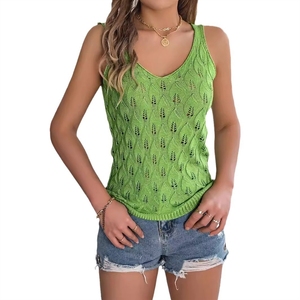Top de punto sin mangas con cuello <span class=keywords><strong>en</strong></span> V y diseño de hojas huecas <span class=keywords><strong>en</strong></span> color liso, novedad de verano, chaleco de vacaciones <span class=keywords><strong>para</strong></span> <span class=keywords><strong>mujer</strong></span>. - Product Image 5